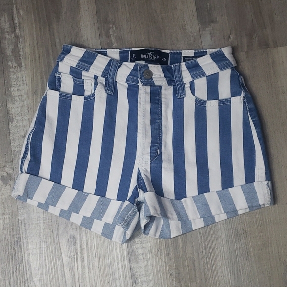 Hollister High Rise Mom Short Blue White Striped Classic Stretch Cotton Size 0 - Picture 1 of 10